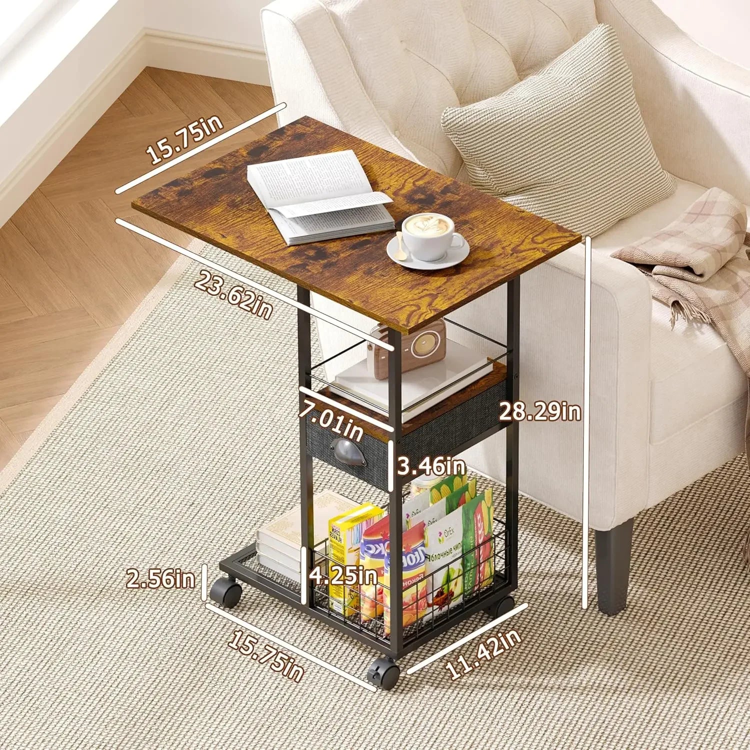Rolling side table with wheels for sofa c shaped end tables living room bedside drawer - united states