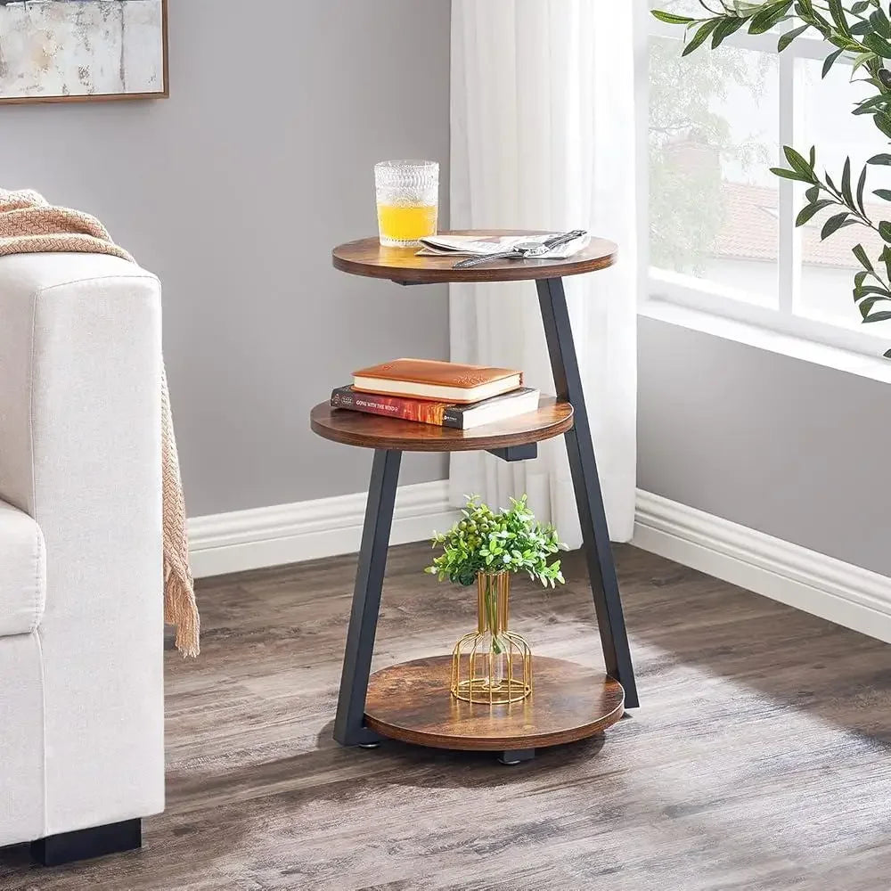 Round end table with 3 tier shelves metal frame small accent side nightstand living room coffee plant stand - united
