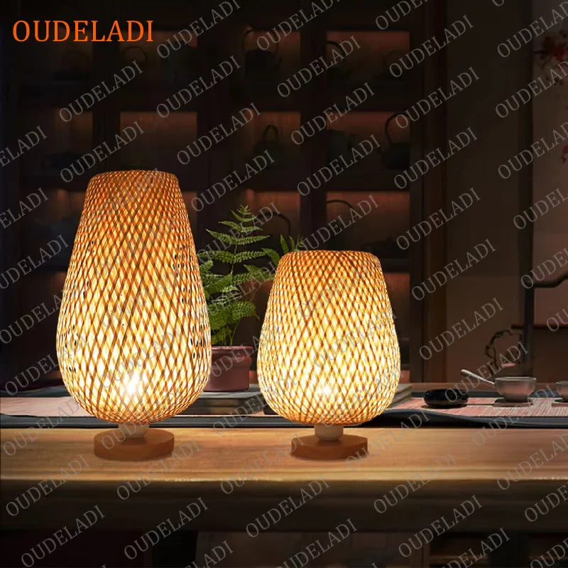 Oudeladi vintage bamboohandicraft table lamps handmade bedroom bedside desk lights living room decor warm bamboo wood