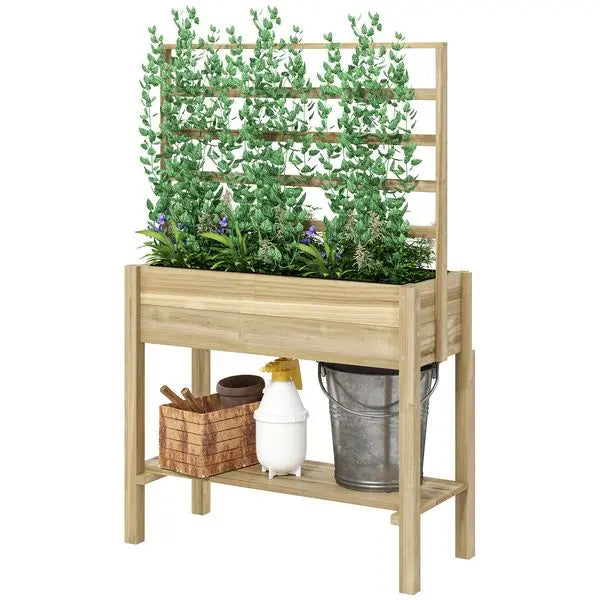 Outsunny wooden raised garden bed with trellis outdoor planter box storage shelf for vegetables flowers herbs - united
