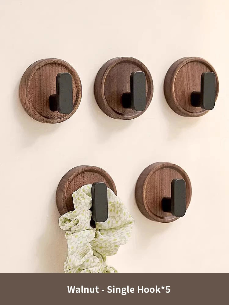 Walnut wood coat rack hooks black wall hangers for hanging keys clothes bathroom robe and towels entryway， no drilling