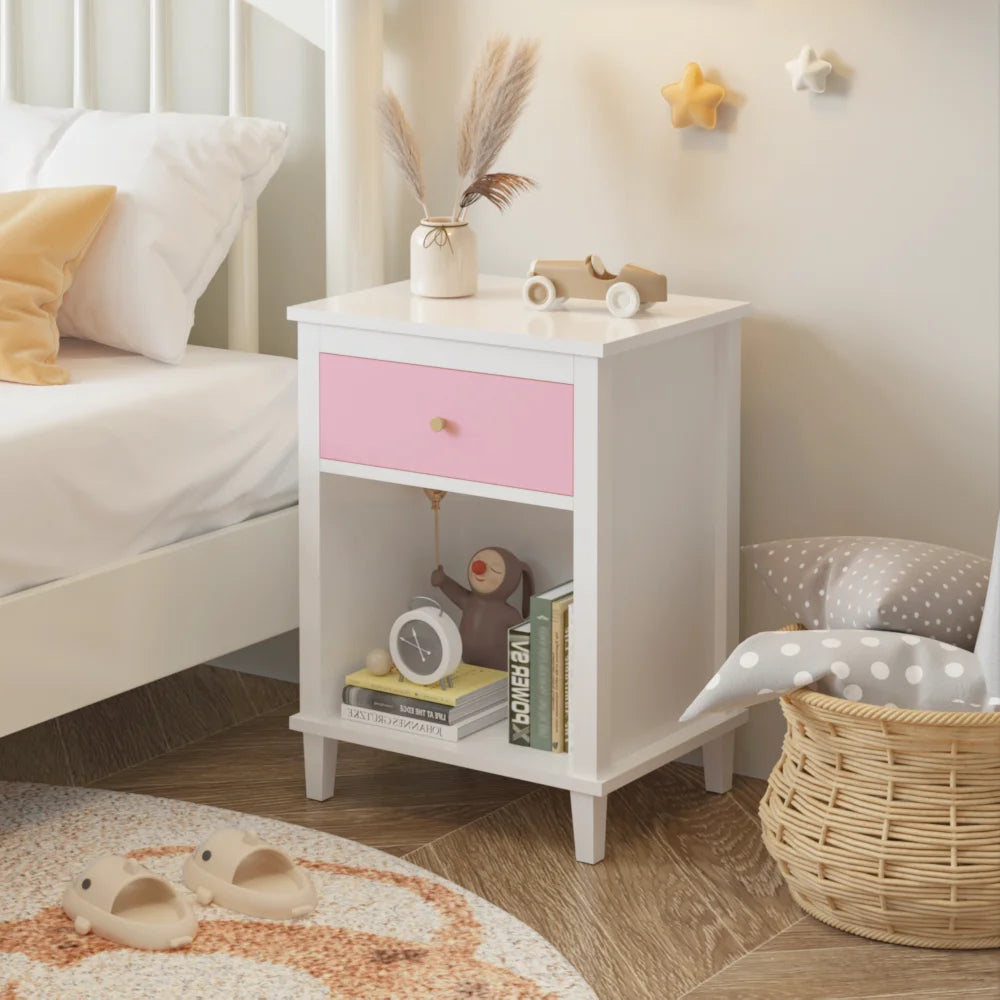 26-77h-wooden-nightstand-with-one-drawer-one-shelf-for-kids-adults-pink-golden-handle