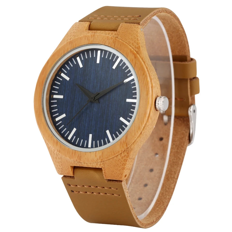 Men’s watches fashion blue dial simple leather band quartz wristwatch bamboo wooden watch male present a gift for men