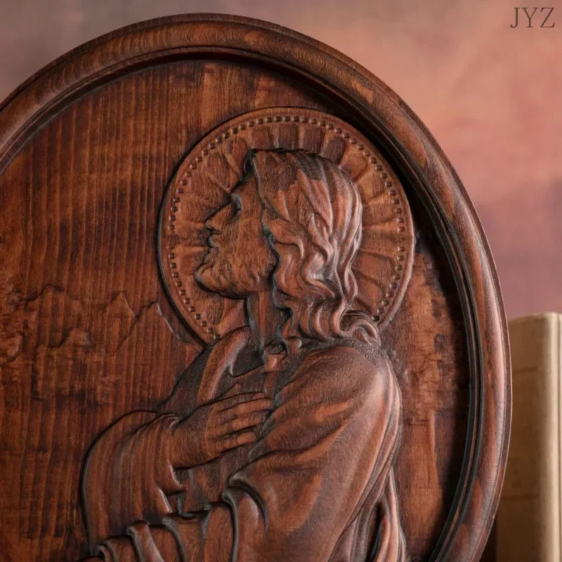 High quality vintage jesus praying oval wooden catholic statue saint home wall hanging decor - retro / 35cm - religious