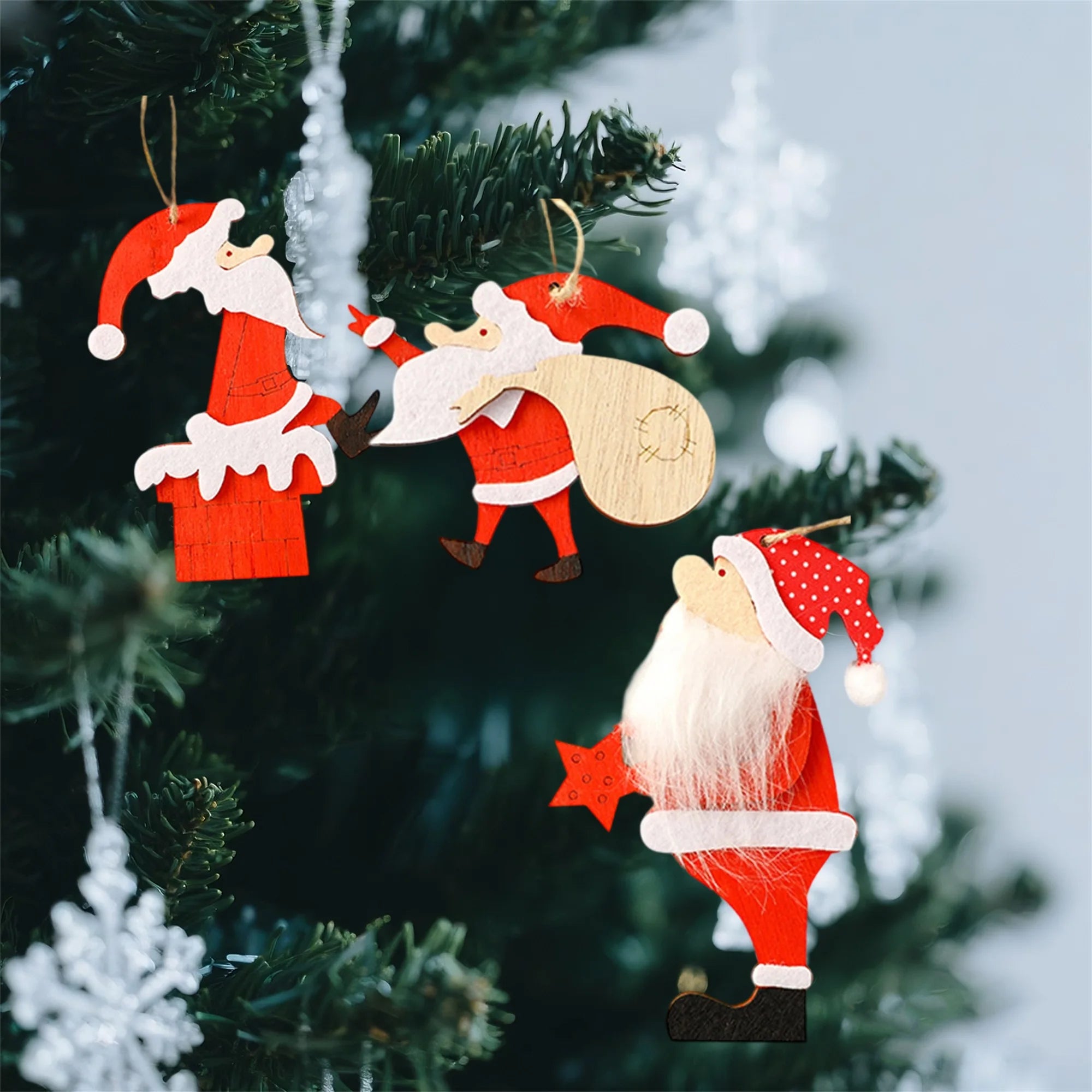 3pcs christmas santa ornaments wooden tree hanging decorations for home holiday party - red / 9cm 15cm / united states