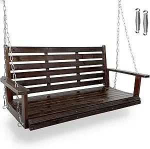 Wooden porch swing ergonomic seat bench with hanging chains and 7mm springs heavy duty 880 lbs for outdoor patio garde