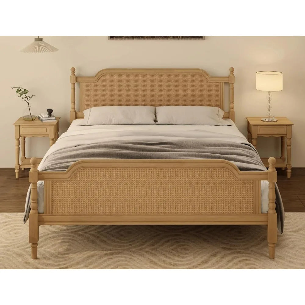 Merax platform bed frame with natural rattan headboard and footboard traditional style no box spring needed solid pine