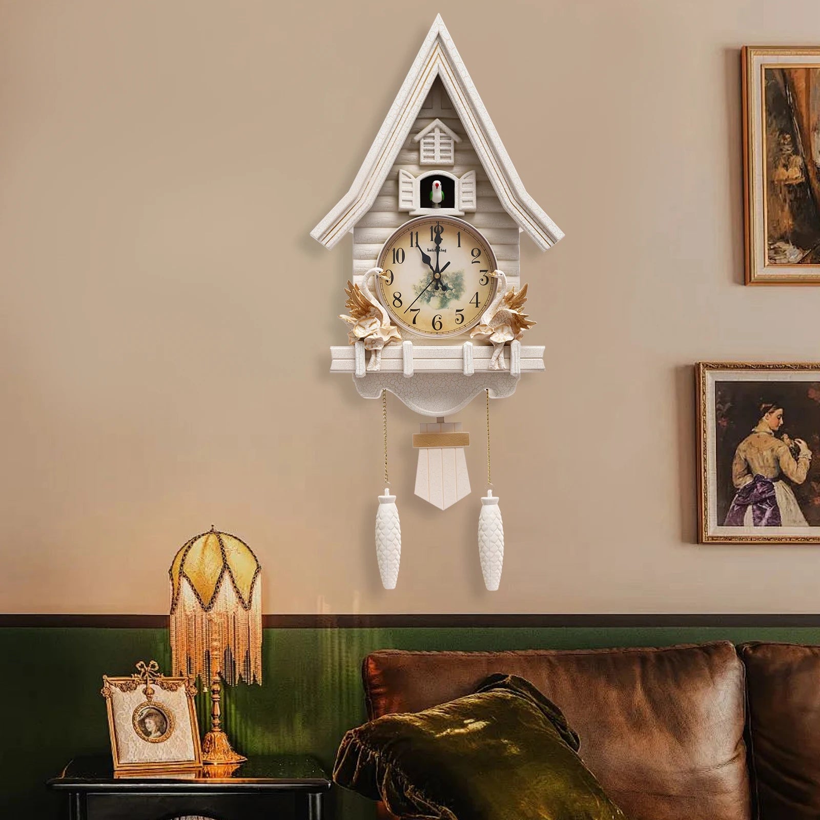 White wood cuckoo clock vintage luxury pendulum wall clocks hourly chiming music house decoration living room gift