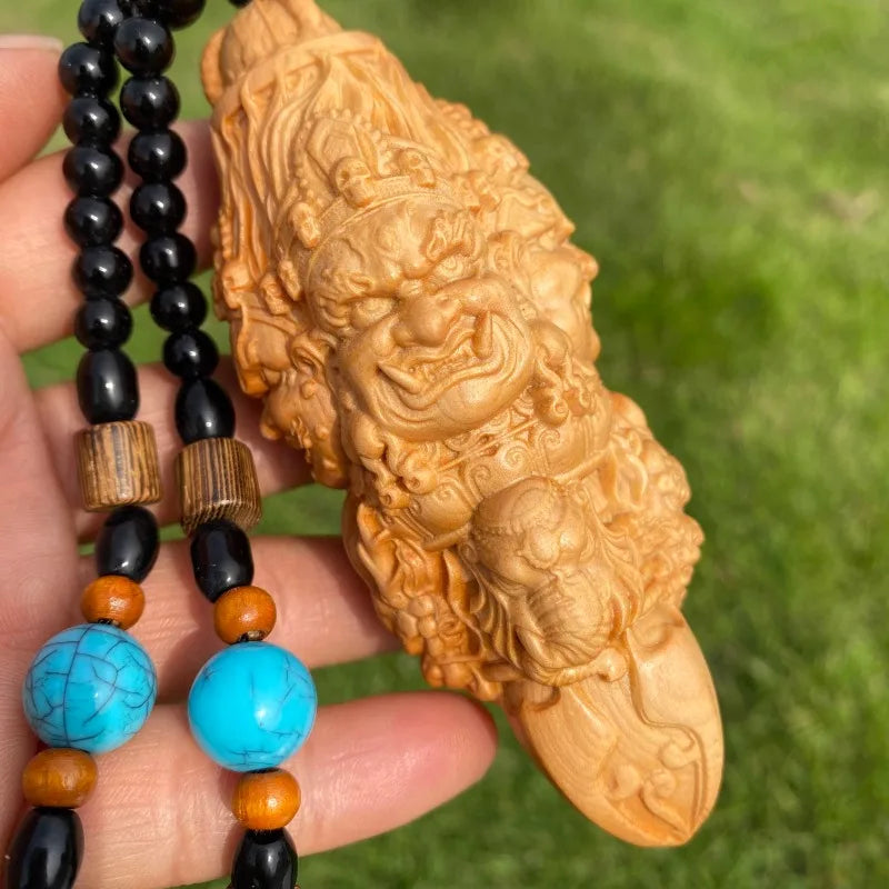 Hand carved cypress wooden multi face vajra phurpa pendant charm - buddhist ritual tool portable piece car hanging gift