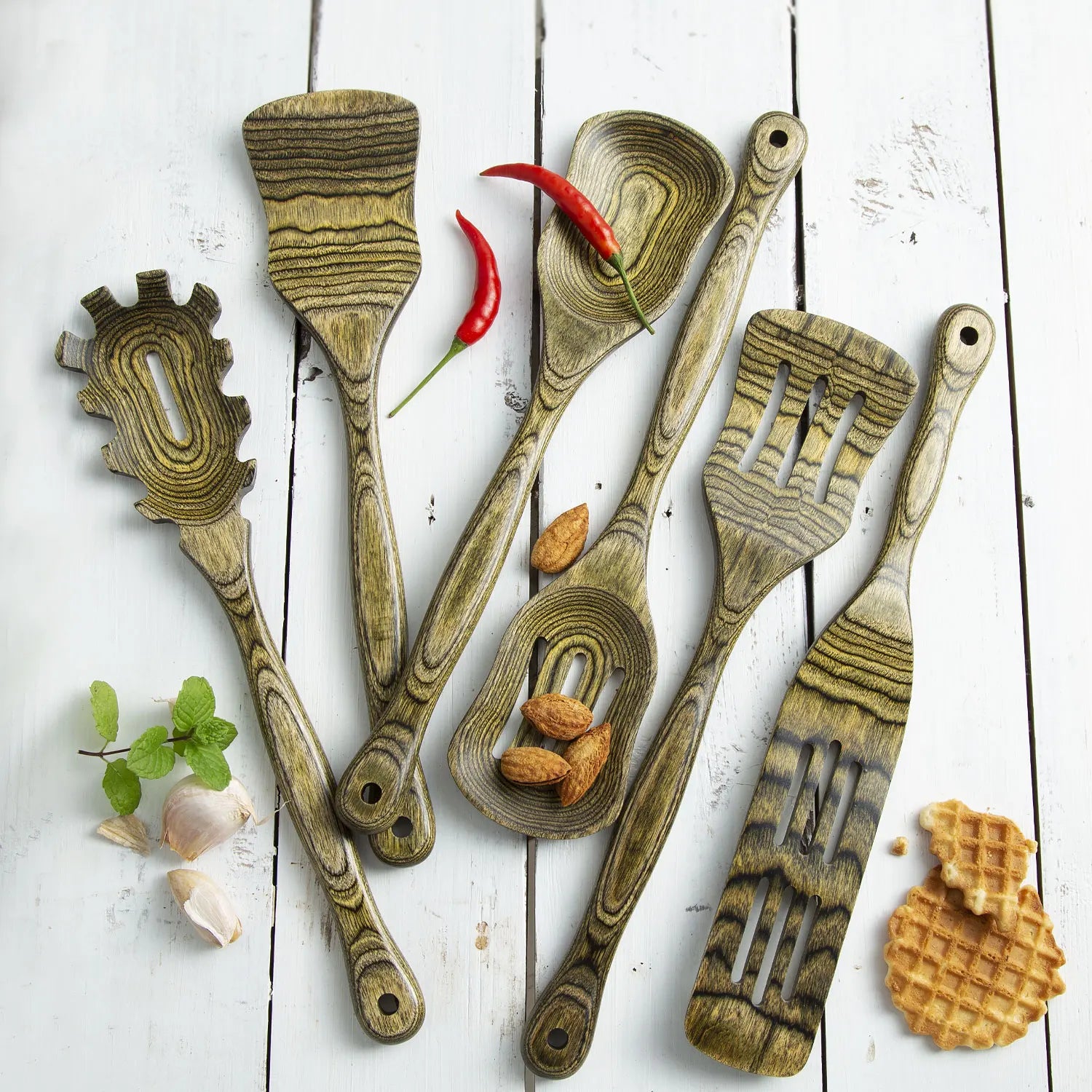 6pcs kitchen utensils set wooden pakkawood cooking spoon slotted spatula cookware turner utensil tools - black / united
