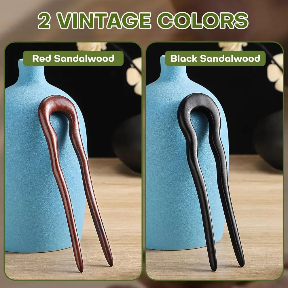 Noverlife 2pcs wooden u shaped hairpins for long hair handmade french stick vintage 2-prong wave forks ebony - united
