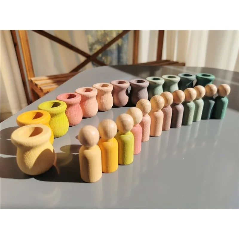 Rainbow wood peg dolls with cups handmade stain stacking people in bowls for kids open-ended play - game