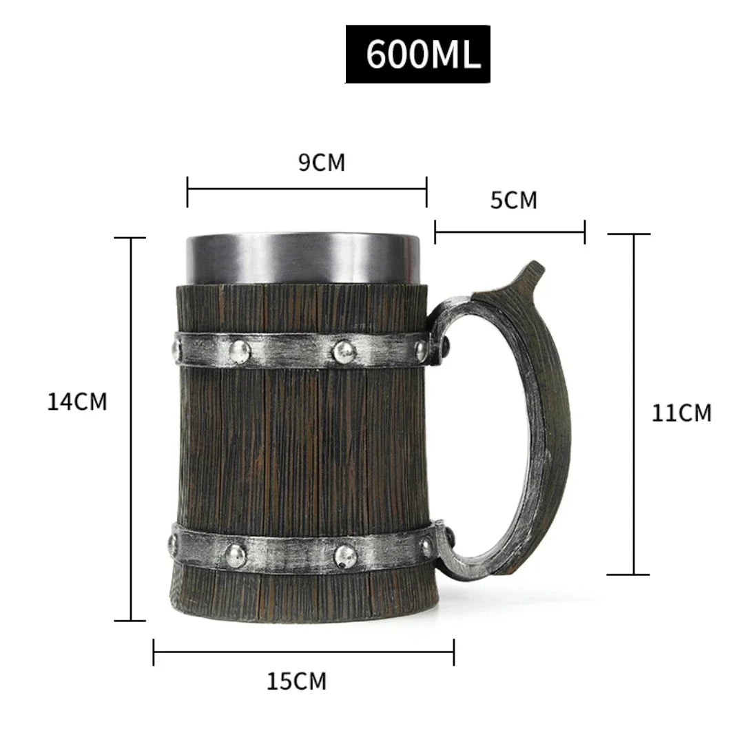 Viking wood style beer mug 3d resin stainless steel coffee cup wine glass metal double wall jug thermal - 123 / 600ml