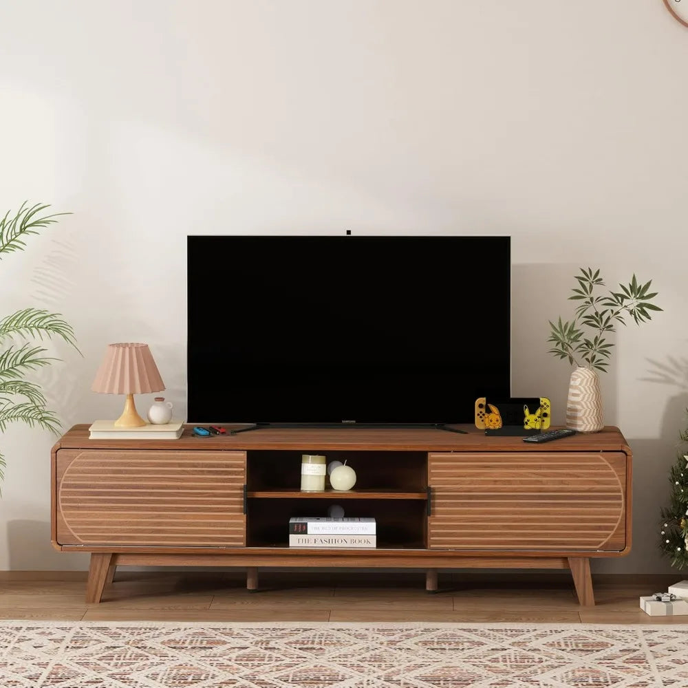 Mid century modern tv stand for 55/60/65 inch 62’’ console table with fluted sliding doors entertainment center