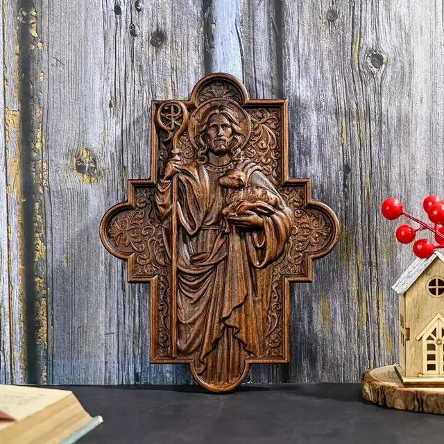 Wood carving jesus shepherd icon sculpture,plaque catholic home wall decor - retro / 35cm - religious (christian)