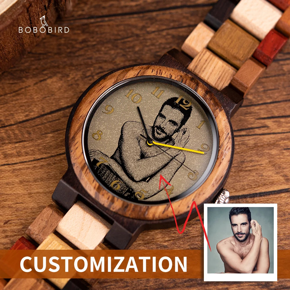 Bobo bird custom wooden watch personalized photo couple fashion casual gift for him anniversary present support