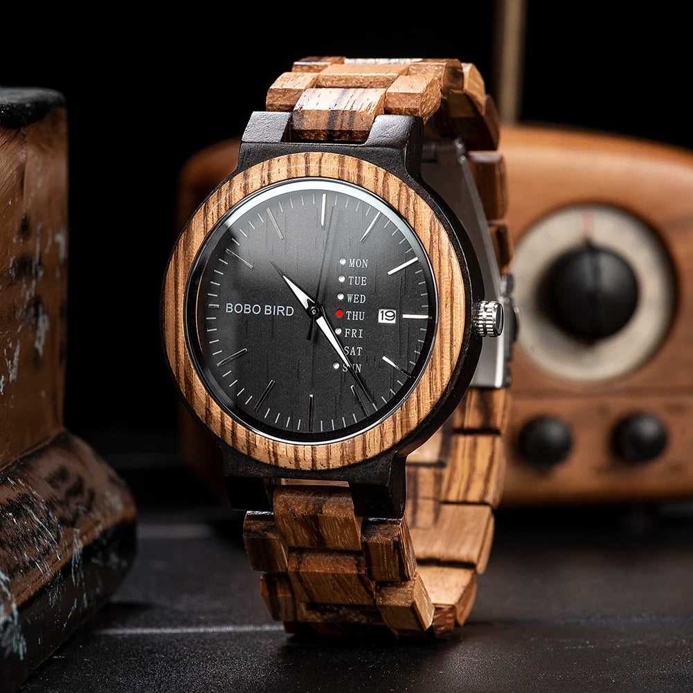 Men’s quartz watch simple fashion new couple wooden bobobird top brand timepieces week date display custom unique gift
