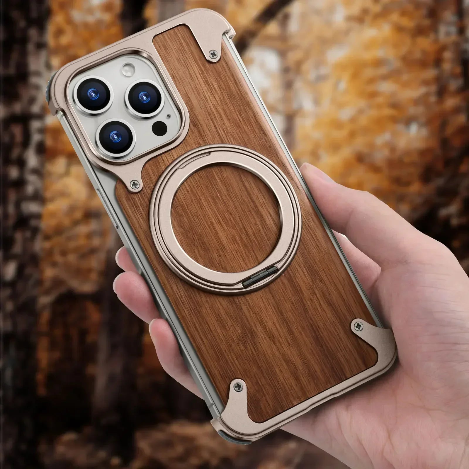 Oatsbasf solid wooden phone case for iphone 17 pro max/air/16 with stand 360° rotatable magnetic shockproof protective