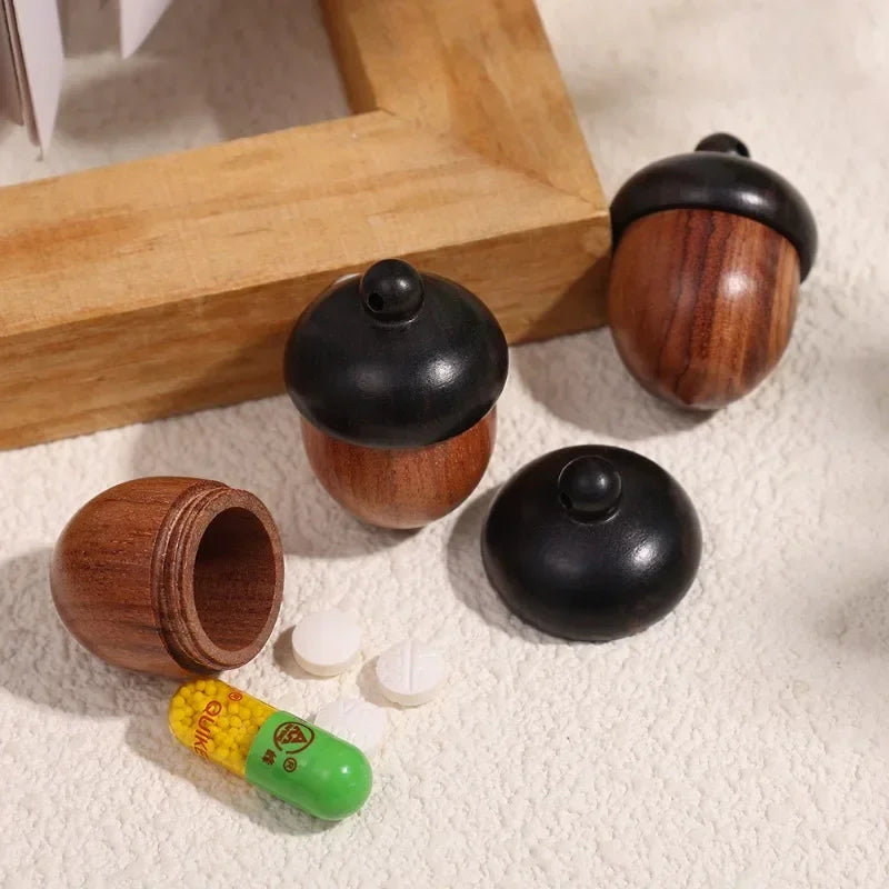 12/1pcs mini solid wood medicine pill box sandalwood pills tablets case portable nut shape storage boxes diy keychain