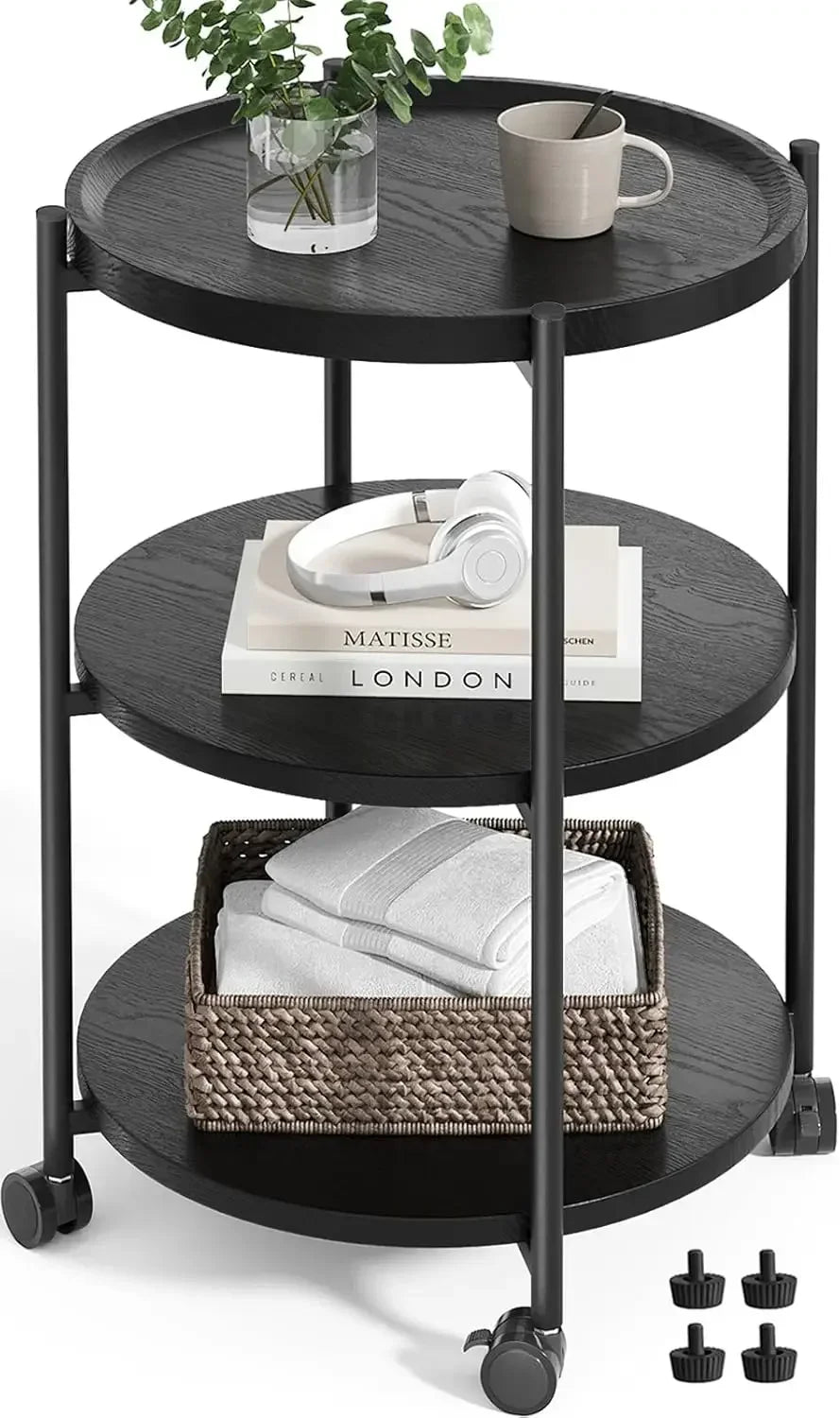 Side table 3-tier modern end with wheels small round nightstand bedside for living room bedroom or spaces - united