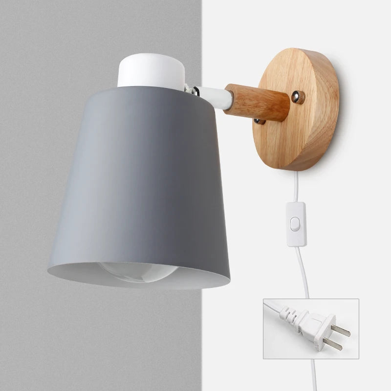 Wooden wall lights bedside lamp sconce modern light for bedroom nordic macaroon 6 color steering head e27 85-285v