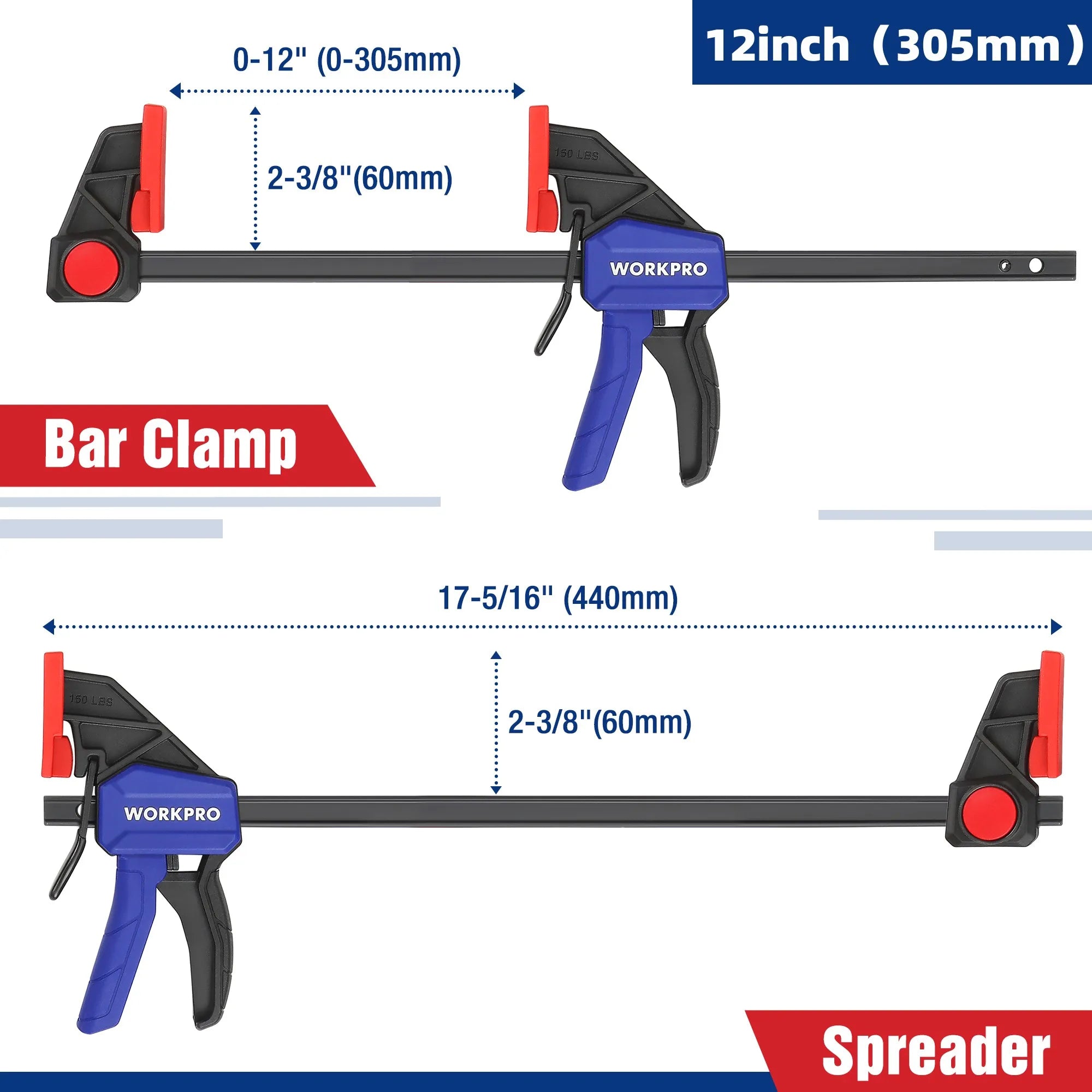 Workpro bar clamps for woodworking one-handed clamp/spreader 6-inch and 12-inch wood set light-duty qui