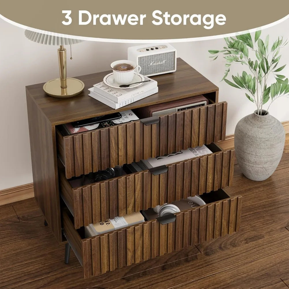 Fluted 3 drawers dresser mid- century modern wooden chest of large night stand organizer for bedroom living room wal