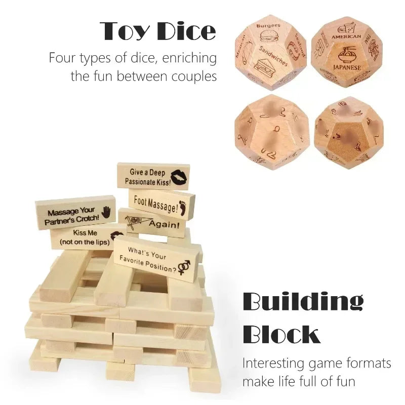 Fun building blocks couple activity night creative wooden tower game valentine’s day rolling stacking