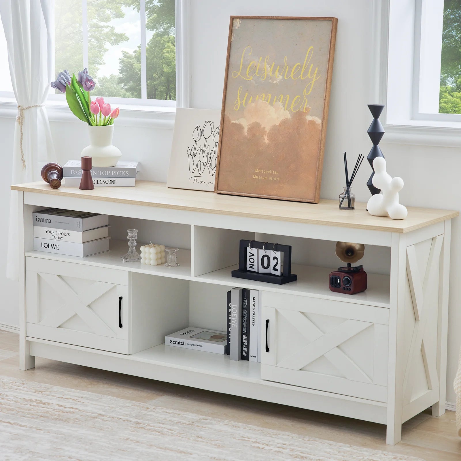 Redlife tv stand for tvs up to 65 inches entertainment center w/ power outlet storage cabinet three open shelves living