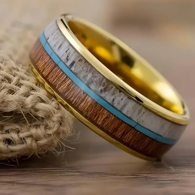 Deer antler ring stainless steel wedding band koa wood men turquoise mens jewelry - s25 / china / 11
