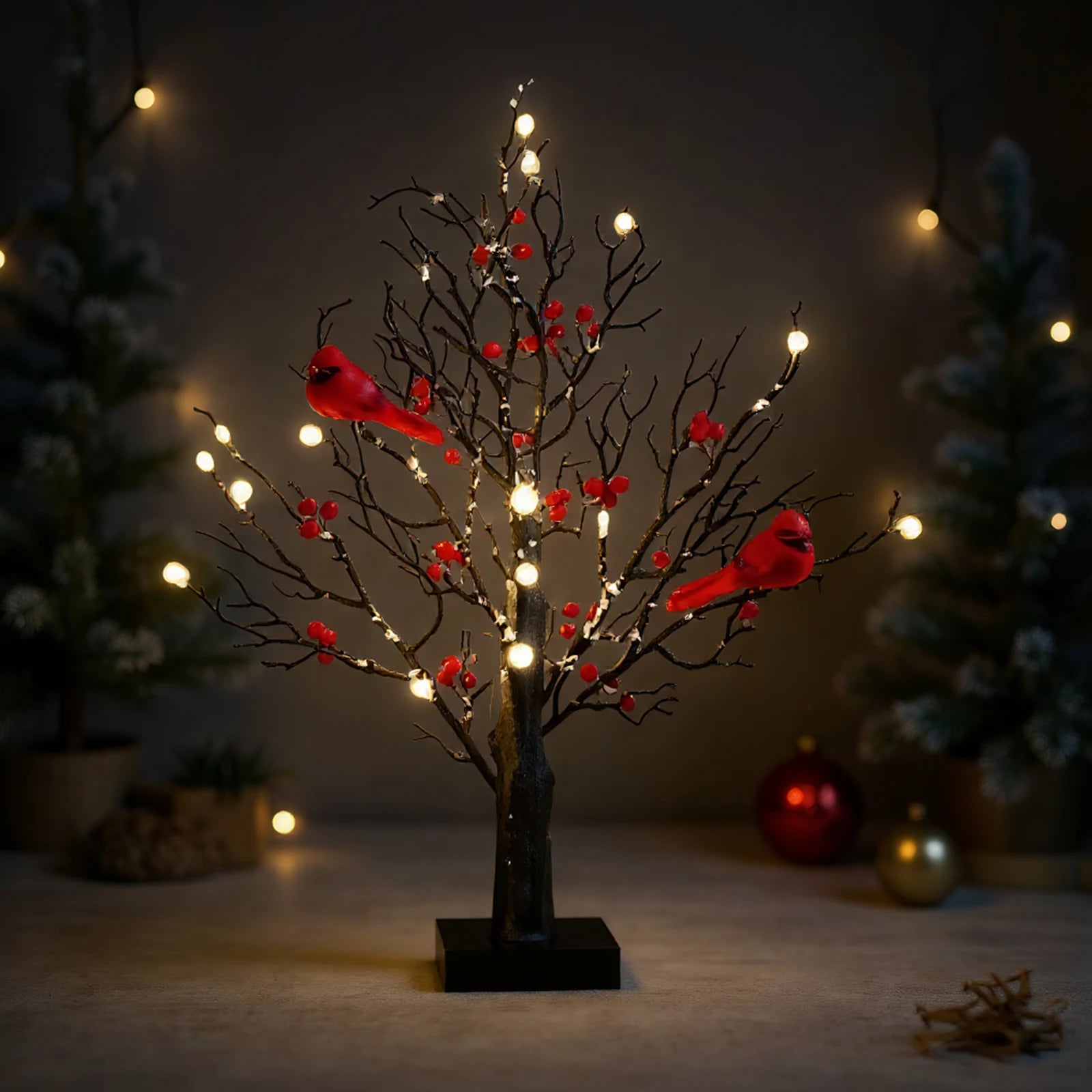 Vintage glowing tree with cardinals lighted mini birch red bird light festival christmas decoration