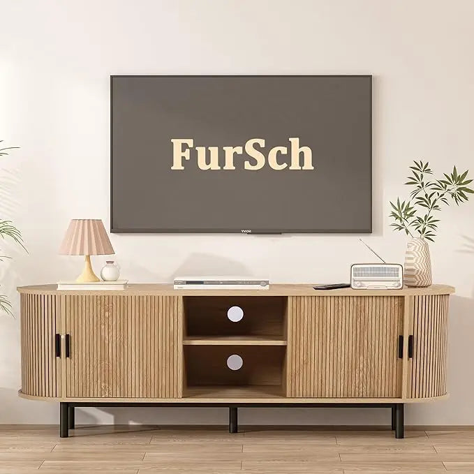 62’’ tambour door tv stand,wood mid century modern cabinet for up to 75“ tv,curved edge long stand with storage bedroom