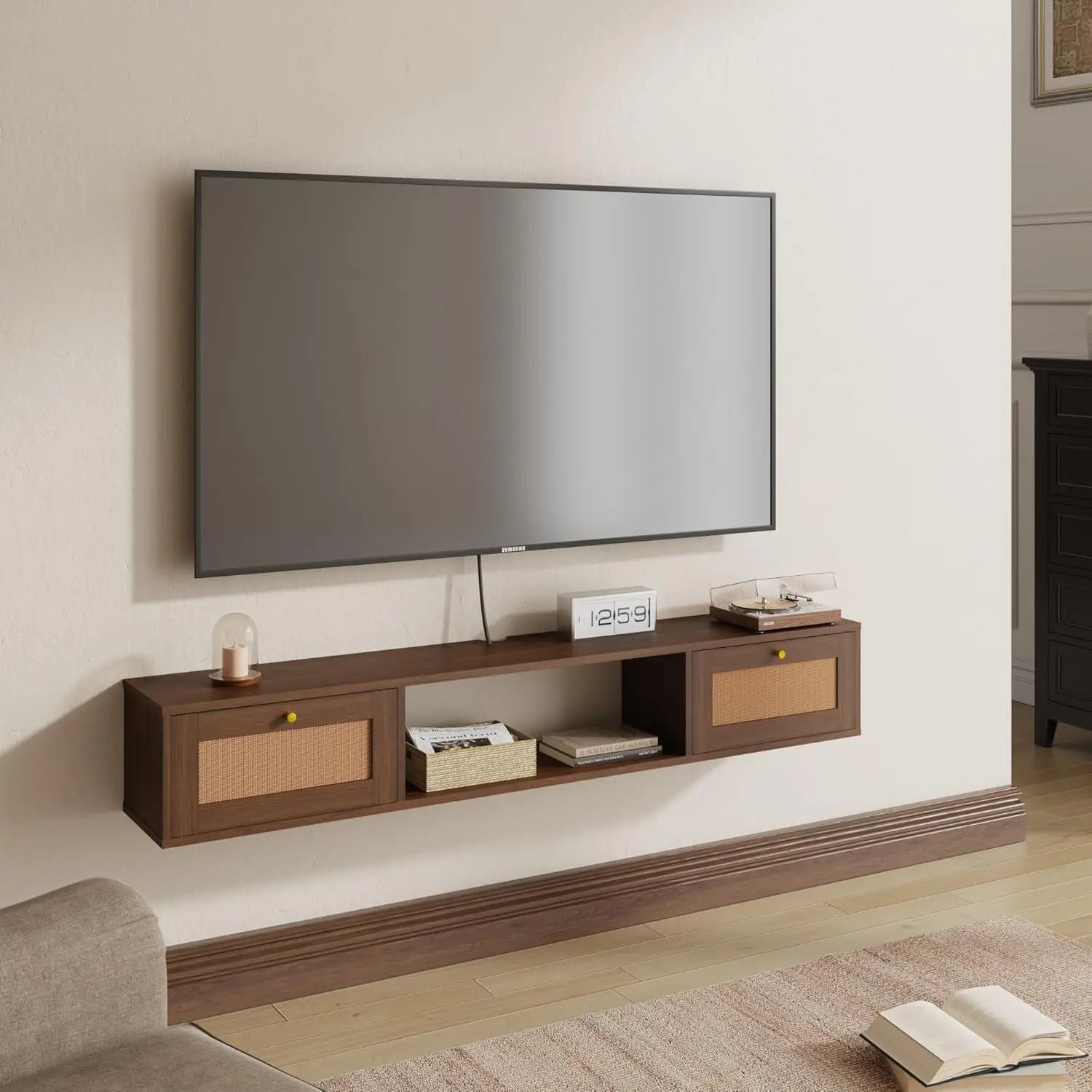 Modern rattan floating tv stand rectangular wall. -mounted with doors entertainment center storage 57 inch - caramel