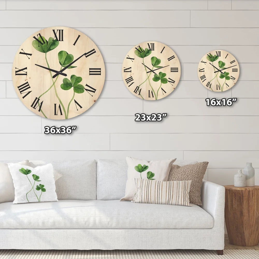Farmhouse wood wall clock field green clover print natural pine art ready to hang unique design home office decor