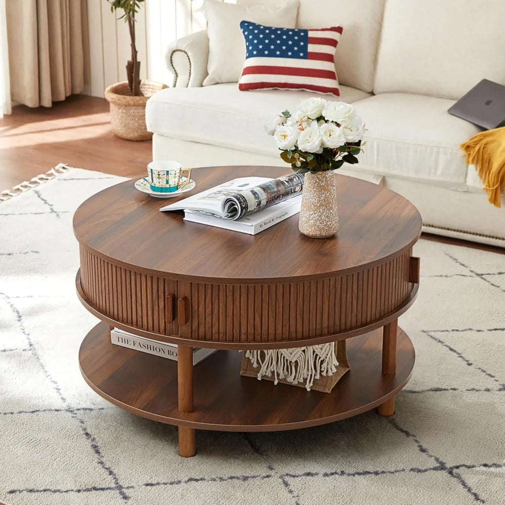 31.5’’ round coffee table with storage wood circle sliding cabinet doors fluted dining accent