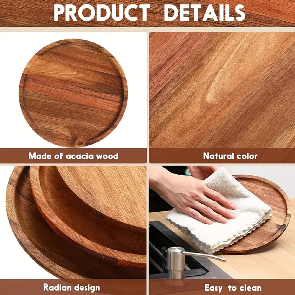 12.5/15/20/25/30cm round serving platter tray acacia wood pizza salad plate fruit dessert bread cake container snacks