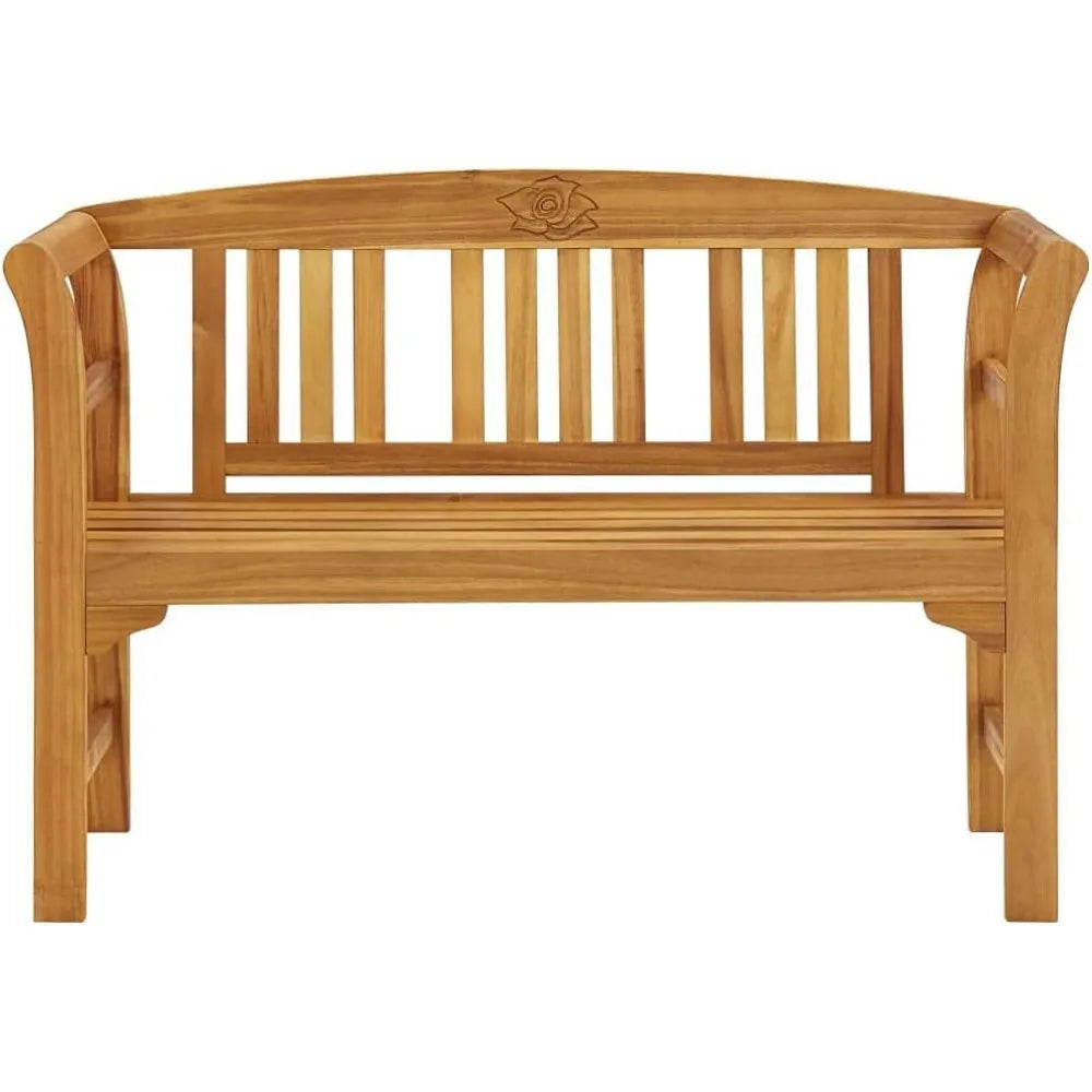 Solid acacia wood outdoor patio bench with engraved rose design for comfortable indoor and seating - brown / united