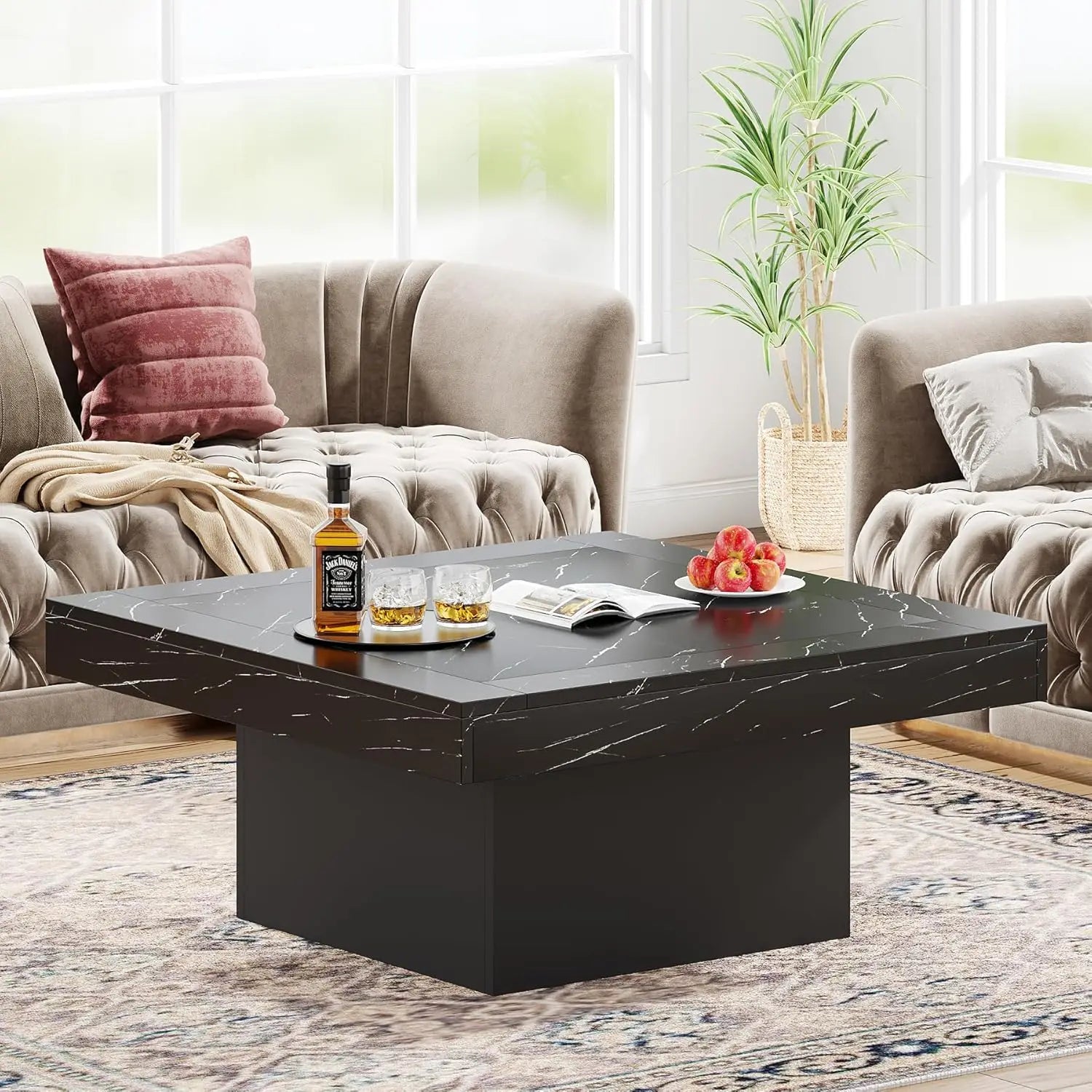 Farmhouse coffee table square led engineered wood low for living room - united states / brown