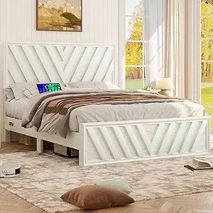 Full bed with adjustable headboard farmhouse platform wood led light and charging station diagonal line & rustic brow