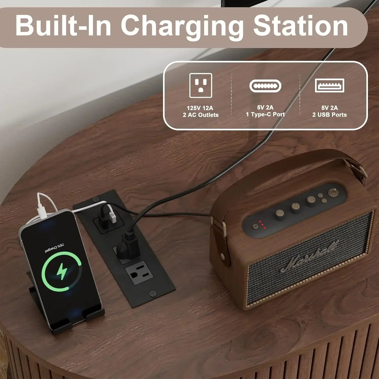 69’’ mid century modern tv stand with charging station,drawer and shelf fluted entertainment center living room bedroom