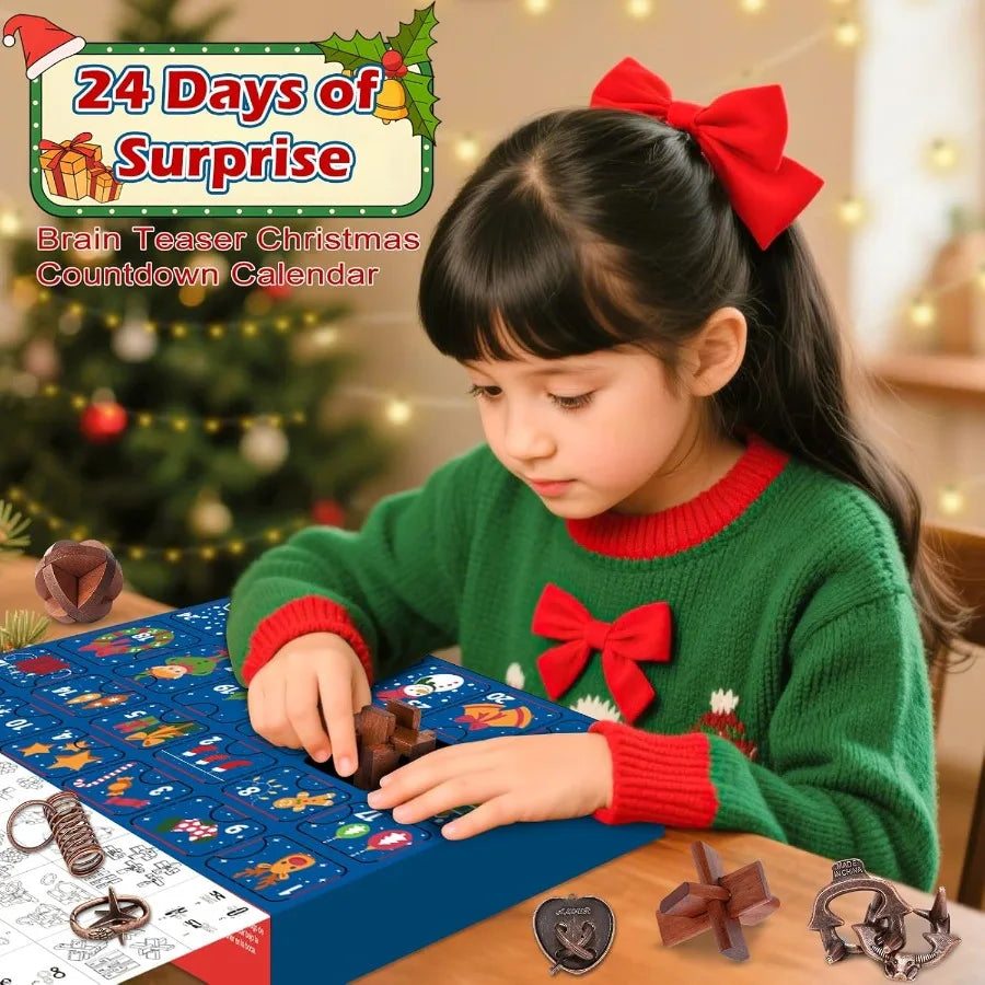 Advent calendar 2025 brain teaser for adults 24 days of metal puzzle ring wooden toy games christmas countdown
