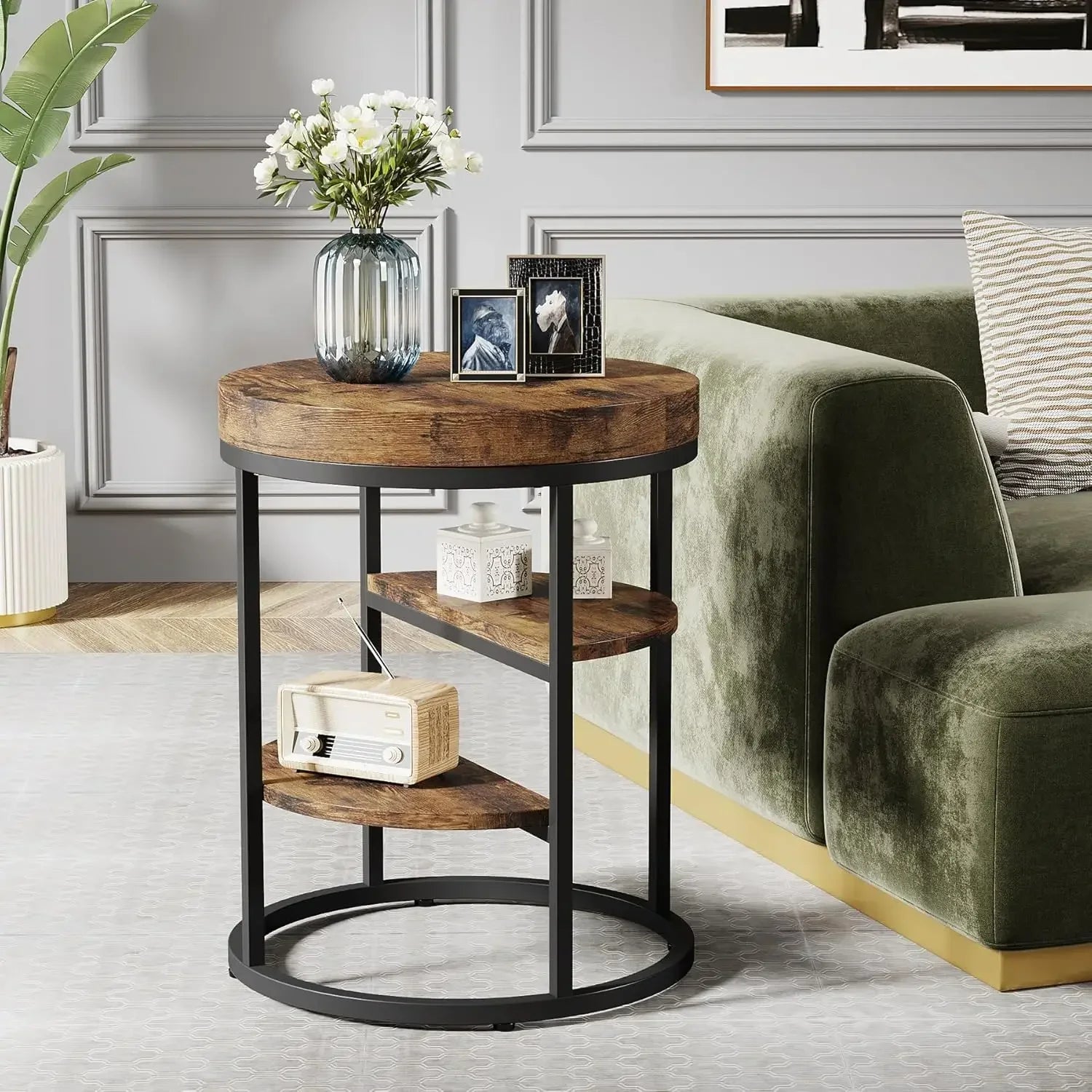 Round end table small with 3 storage shelves wood side for spaces industrial sofa living - united states