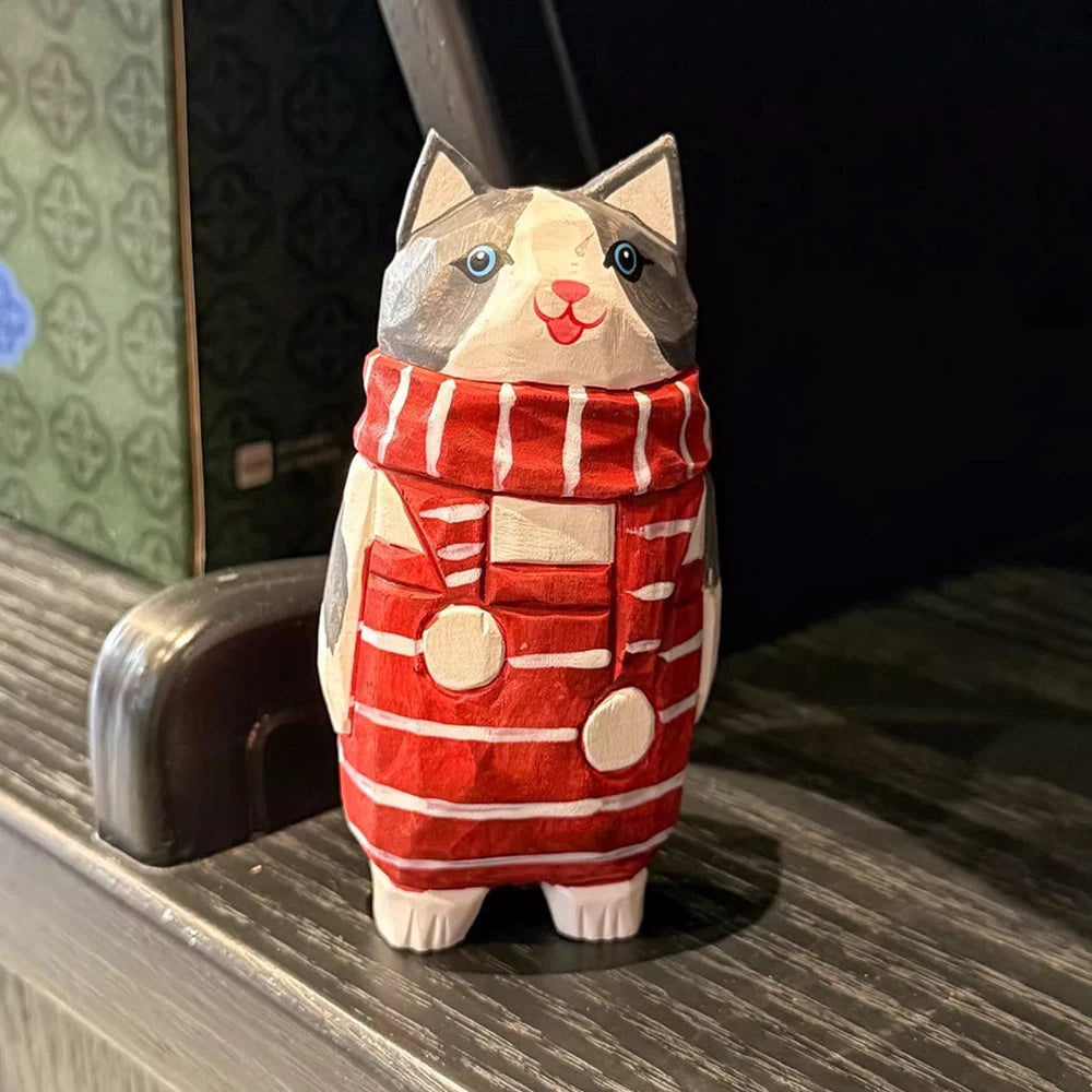 Christmas decorations wooden kitten couple sculpture home decoration handmade wood carving ornaments small animal - red