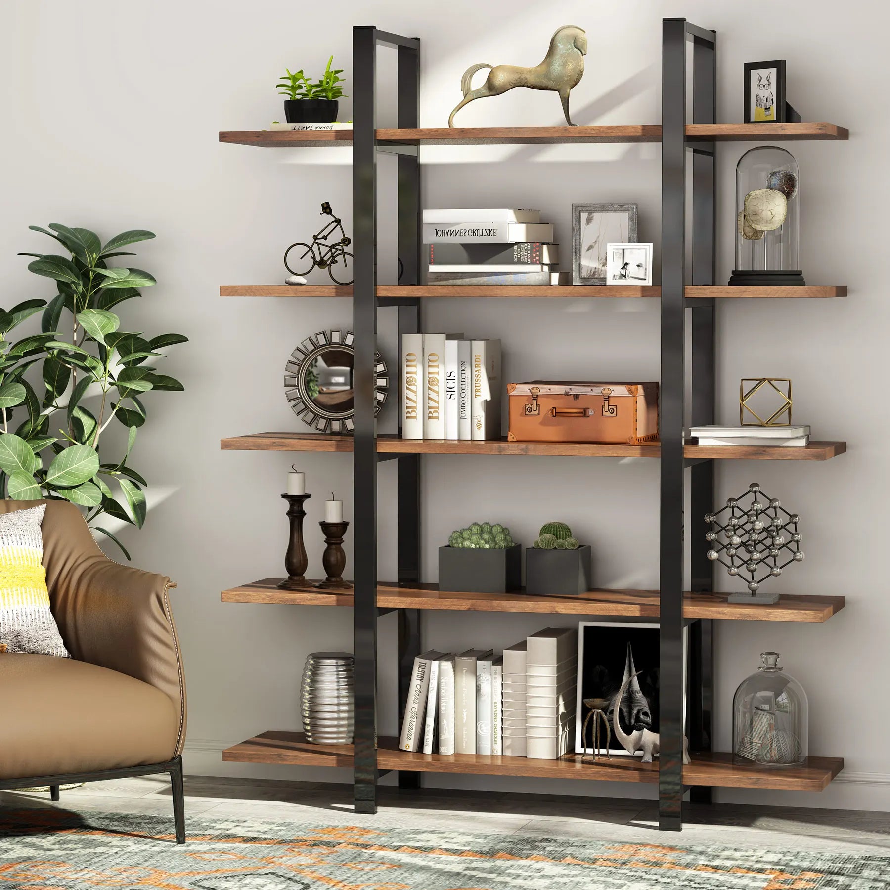 Tribesigns industrial bookshelf tall bookcase with open shelves wood and metal display shelf storage - rustic brown 03
