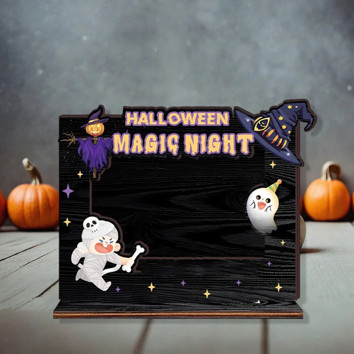 Spooky halloween wooden picture frame with festive holiday decorations for tabletop display in living room or home party