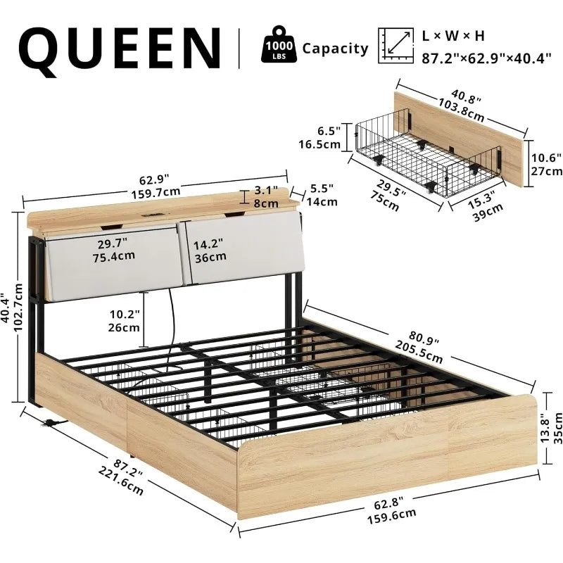 Home.queen bed frames with hidden storage headboard camas queen charging station and 4 drawers sturdy noisele - united