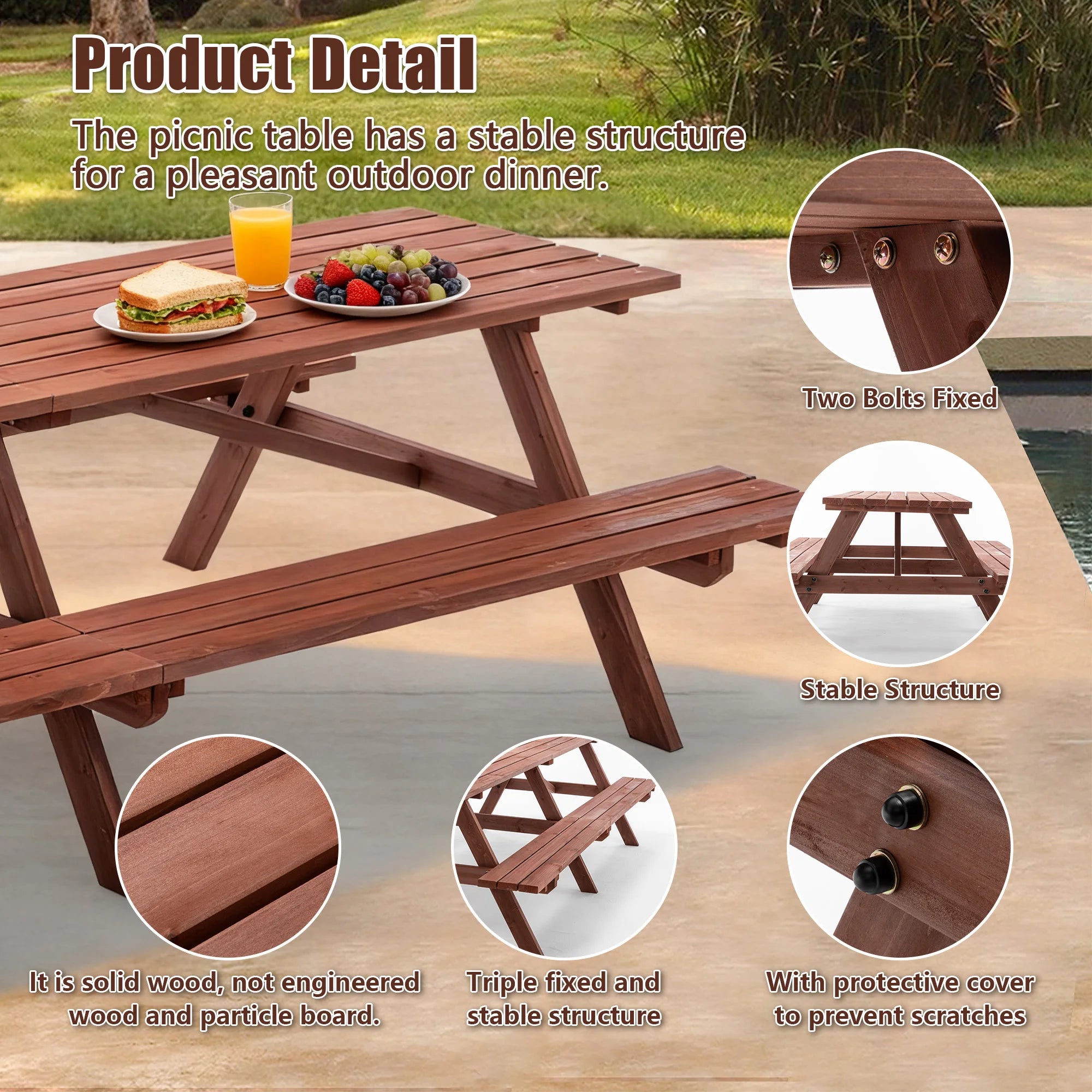 Large 12-person wooden picnic table outdoor weatherproof w/ umbrella hole ideal for bbq & gatherings - chocolate