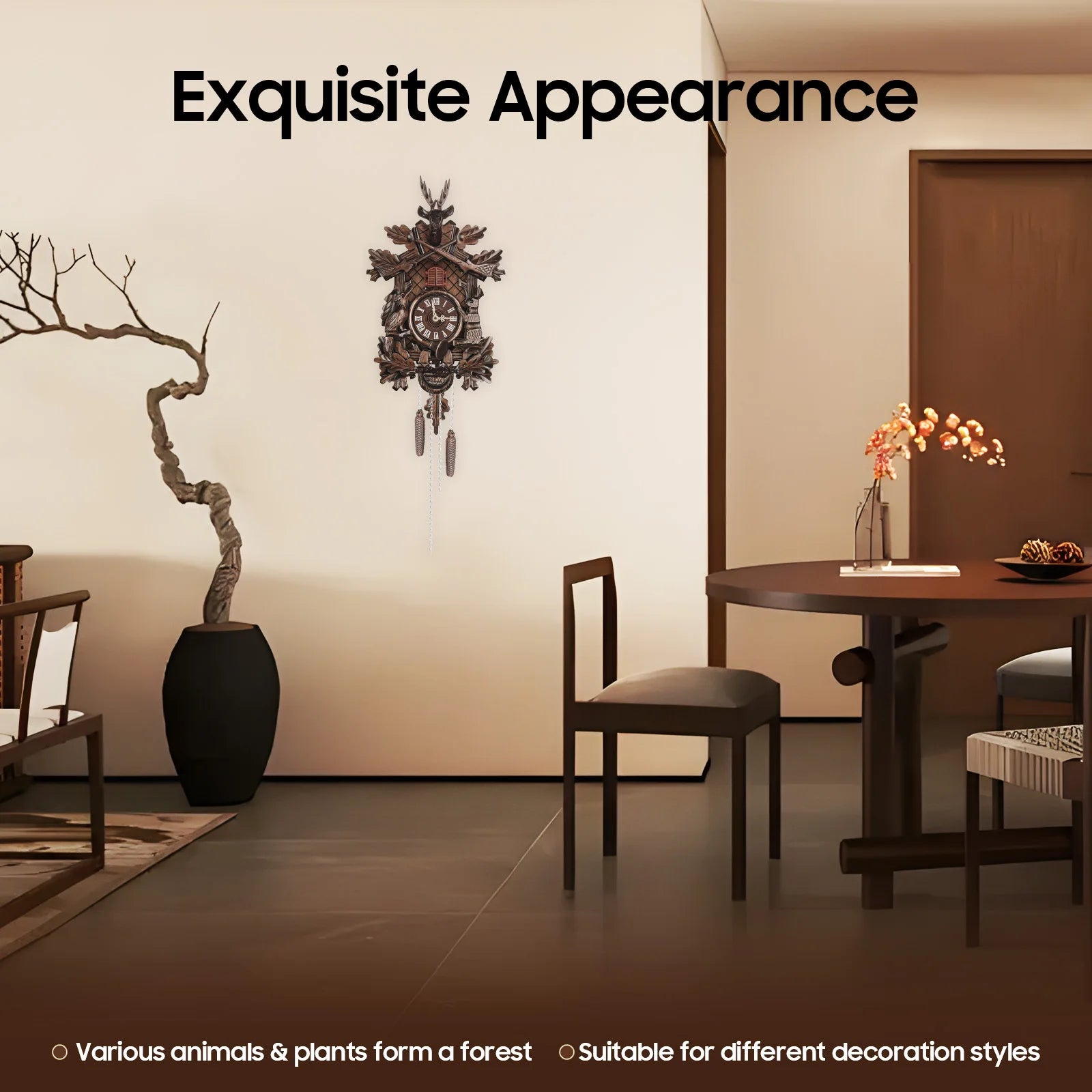 Wooden forest cuckoo clock wall mount retro house style with hourly chime sound night silencer - brown / united states