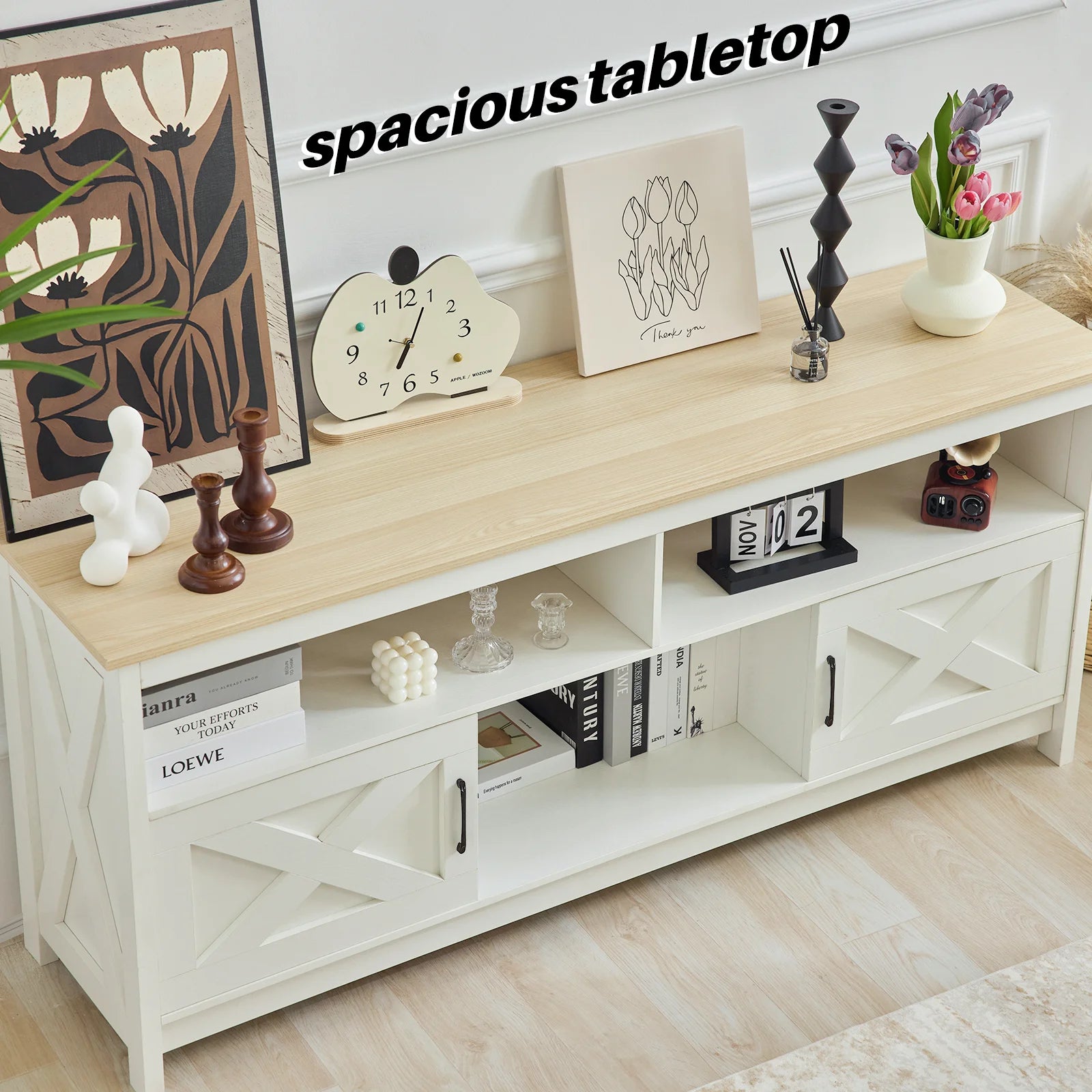 Redlife tv stand for tvs up to 65 inches entertainment center w/ power outlet storage cabinet three open shelves living