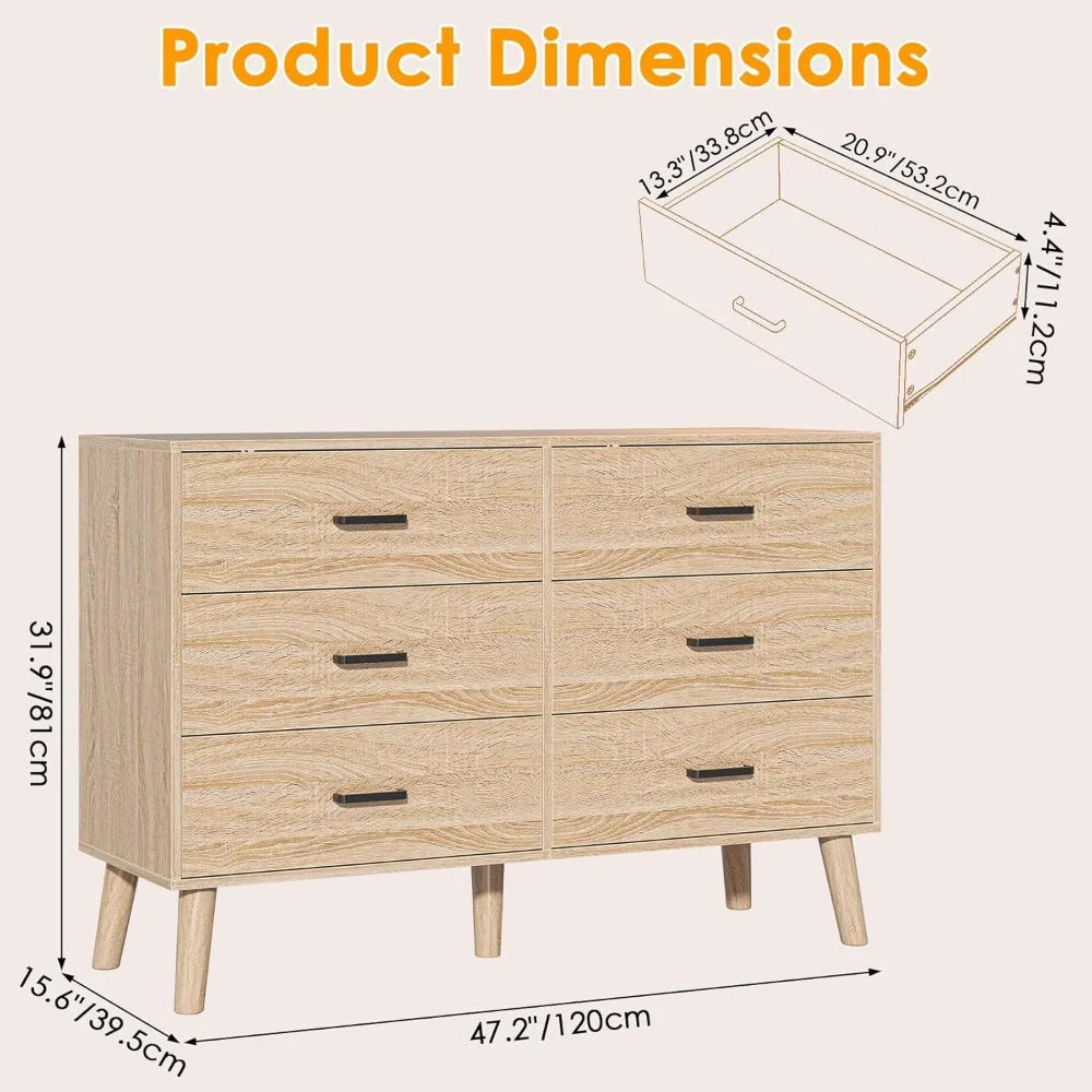 Mid-century modern 6-drawer wood bedroom dresser with metal handles - united states / light oak